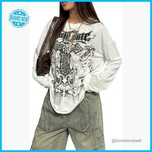 Oversized Graphic Tee Y2K Grunge Long Sleeve Crew Neck Streetwear T-Shirt